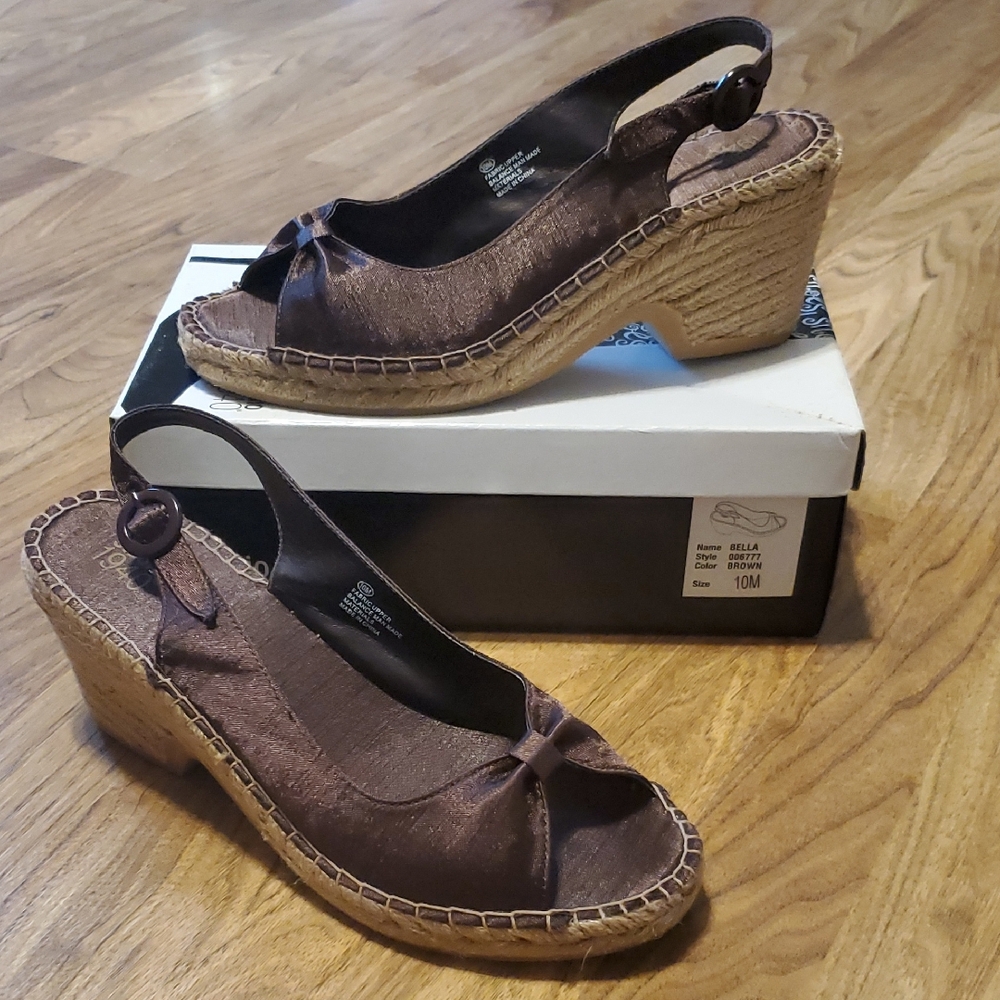 Studio 1940 Brown Fabric Slingback Espadradrille Wedge Sandals Bella Size 10